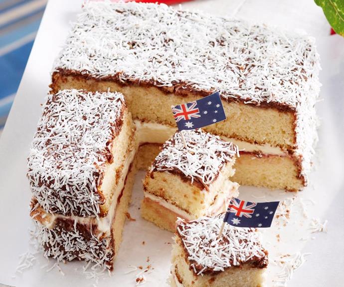 **Giant lamingtons**
<br><br>
This recipe creates a jumbo version of the tasty chocolate and coconut sponge, and stuffs it with fresh whipped cream and raspberry jam to produce a wonderfully sweet cake.
<br><br>
See the full *Australian Women's Weekly* recipe [here.](https://www.womensweeklyfood.com.au/recipes/giant-lamington-27963|target="_blank")