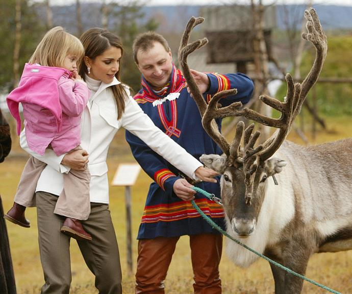 Queen Rania has taken Salma on several royal trips, including this visit to the Sami village of Jukkasjaervi outside Kiruna in northern Sweden, on October 9, 2003.