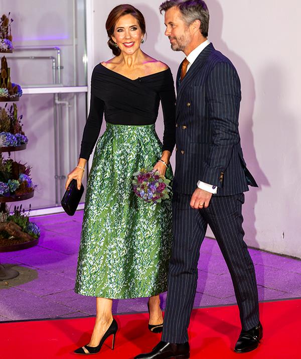 **September 2021, Denmark**
<br><br>
Mary stunned in this $265 H&M Conscious dress she had tailored into a skirt. The future queen styled the midi length piece with an off-the-shoulder black top and a pair of $1,225 mesh panelled pumps from Gianvito Rossi.