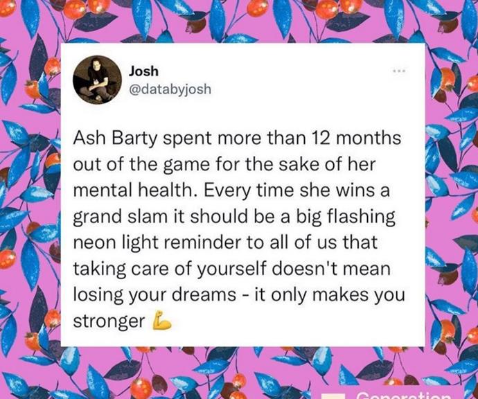 Sam shared the following tweet about tennis champ Ash Barty that resonated with her and her own situation.