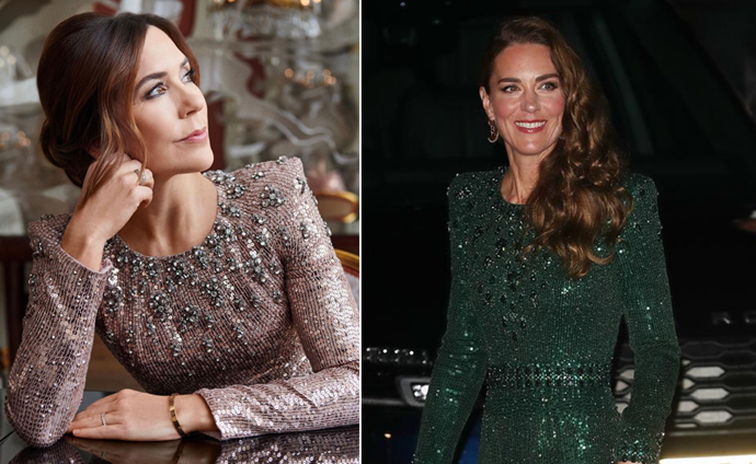 [Jenny Packham twins!](https://www.nowtolove.com.au/fashion/fashion-trends/kate-middleton-jenny-packham-dresses-69292|target="_blank") For one of her official portraits shared for her 50th birthday, Crown Princess Mary wore the designer's Georgia gown from the AW19 Collection. If you thought it looked familiar, Catherine, Duchess of Cambridge has worn the emerald green Tenille gown (the updated version of the Georgia dress) by the British designer on her official tour of Pakistan in 2019 and at the 2021 Royal Variety Performance.