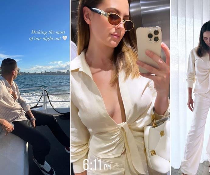 Jes showed off her stunning all-white getup in an elevated selfie taken before heading onto a ferry with Buddy, and she wrote, "Making the most of our night out."