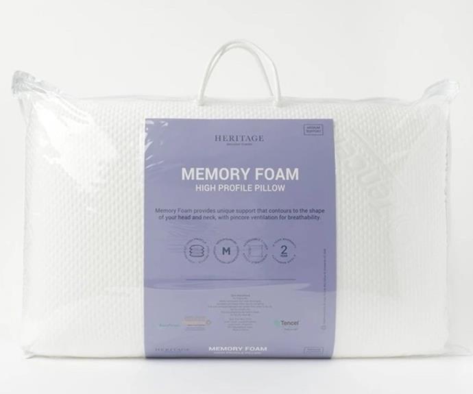 **Heritage Memory Foam Pillow, $89.95, from [Myer](https://www.myer.com.au/p/heritage-memory-foam-pillow|target="_blank").**
<br><br>
This ultra comfy pillow moulds to the exact shape of your head and neck, plus its ventilated for added breathability and it's machine washable.