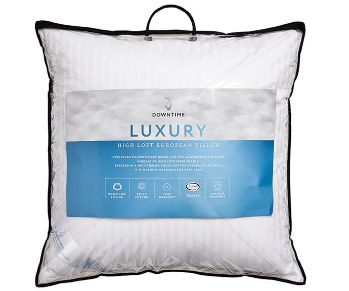 **Downtime Luxury High Loft European Pillow, $89.99, from [Adairs](https://www.adairs.com.au/bedroom/pillows/downtime/luxury-high-loft-european-pillow/|target="_blank").**
<br><br>
If you prefer a larger pillow, try this super plush European pillow that offers ultimate soft comfort with the added bonus of a high loft filling - plus, it's machine washable for easy care.