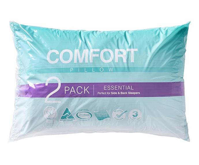 **Comfort Essential Standard Pillow Pack of 2, $49.99, from [Adairs](https://www.adairs.com.au/bedroom/pillows/adairs-comfort/comfort-essential-standard-pillow-pack-of-2/|target="_blank").**
<br><br>
When you just want to update your pillows fast and cheap, this budget set from Adairs promise premium polyester comfort and ultra-fresh, anti-microbial protection.