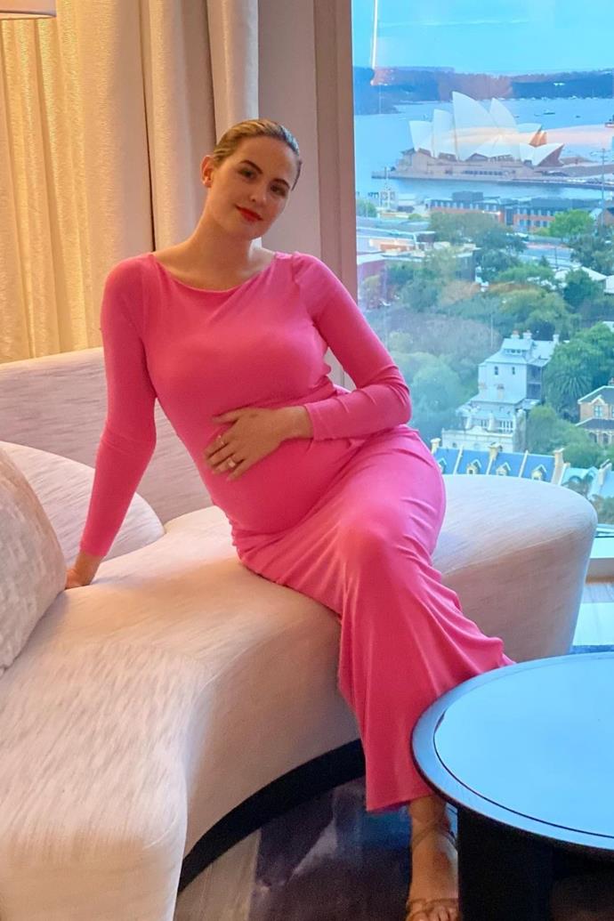 [Jesinta Franklin](https://www.nowtolove.com.au/parenting/celebrity-families/jesinta-franklin-kids-68123|target="_blank") proved a pop of pink with matching lipstick is the perfect low maintenance look for date night while pregnant.