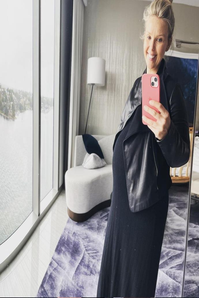 Edwina Bartholomew styled her black maxi dress with a sleek leather jacket on her babymoon with her daughter Molly.