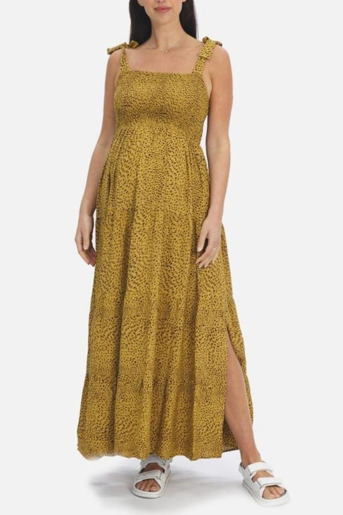 Angel Maternity Yellow Print Maxi Dress with Shoulder Tie, $69.95, [The Iconic.](https://www.theiconic.com.au/maternity-yellow-print-maxi-dress-with-shoulder-tie-1364158.html|target="_blank") 