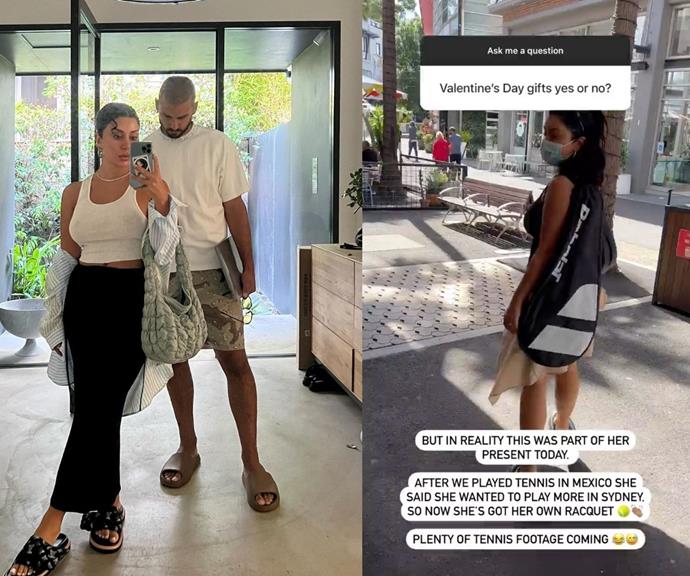 **Martha and Michael** 
<br><br>
*MAFS*' Michael Brunelli revealed on his Instagram Stories that his V-Day celebrations began on Sunday when he took fiancée Martha Kalifatidis out to play tennis.
<br><br>
During his Q&A, a fan asked, Valentine's Day gifts yes or no? and he responded with a video of Martha holding a tennis racket, and he wrote, "This was part of her present today. After we played tennis in Mexico, she said she wanted to pay more in Sydney. So, now she's got her own racquet."