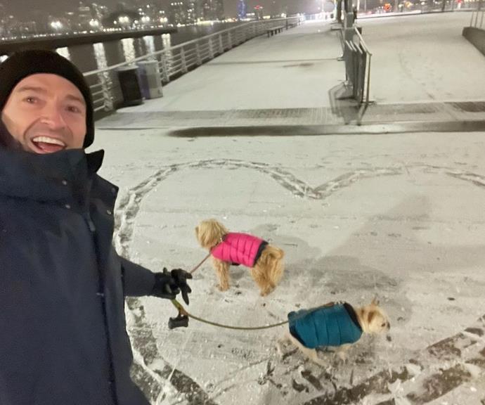 **Hugh** 
<br><br>
Hugh Jackman shared a broad message celebrating love with his two dogs and a heart drawn into the New York snow. 
<br><br>
"Happy Valentine's Day!"
