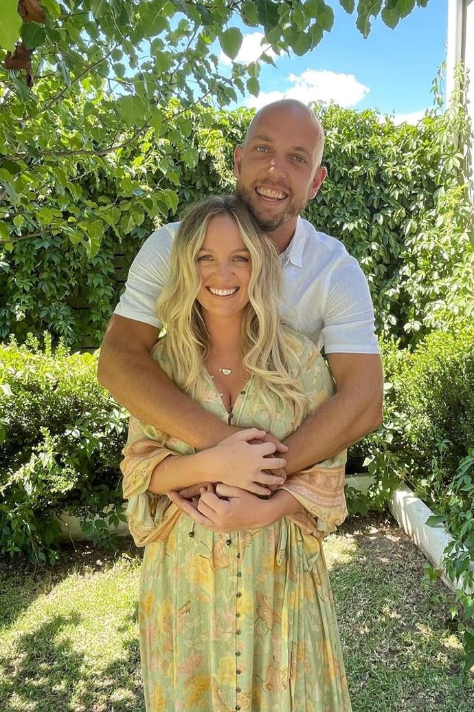 **Becky and James**
<br><br>
The expecting former *Bachelorette,* Becky Miles, reshared their pregnancy announcement photo with gushy messages for her partner. 
<br><br>
 Becky wrote, "Appreciate you 💛 #happyvday - can't wait to see you become a father to our lil burt, I know you'll make a brilliant one."
