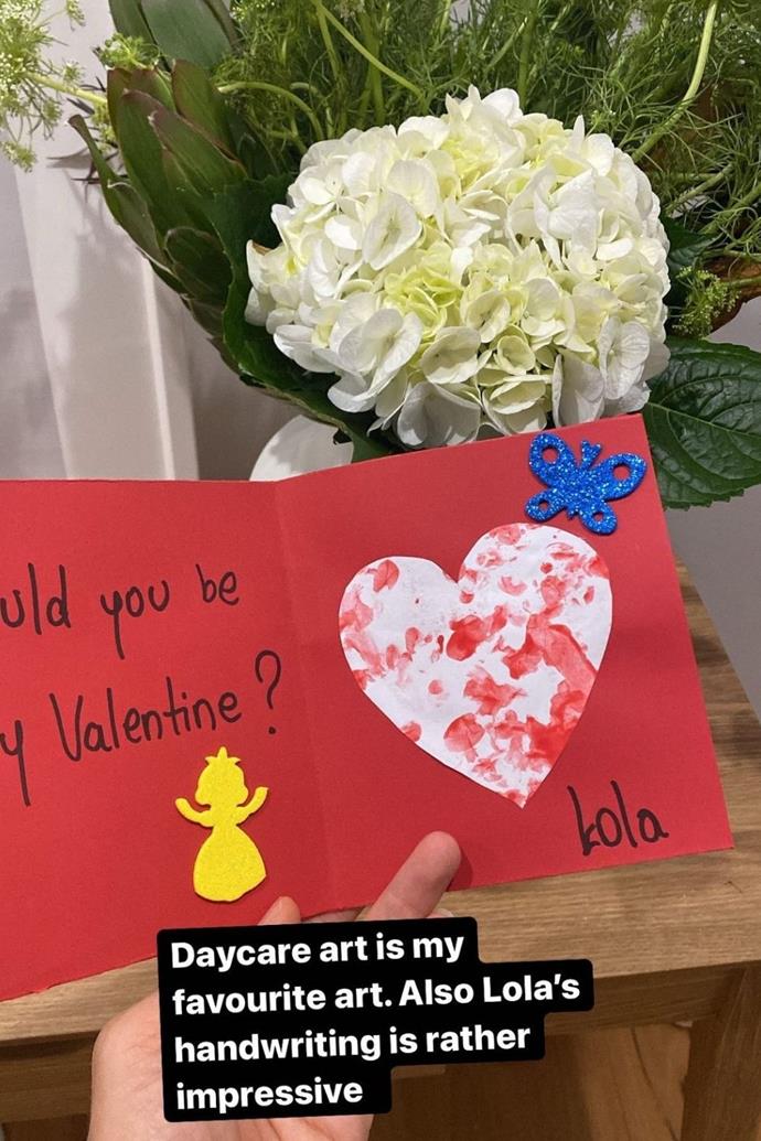 **Laura and Lola (Matty J)**
<br><br>
Laura Byrne posted a picture of a gorgeous V-Day themed letter she received from her daughter Lola. Its message read, "would you be my Valentine." The handwriting, however, was so good her mum commented on her one-year-old's 'talents.' "Daycare art is my favourite art. Also Lola's handwriting is rather impressive, "she shared.