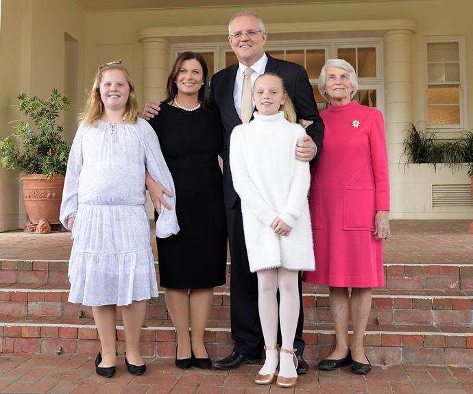 Prime Minister Scott Morrison, alongside his wife Jenny Morrison, daughters Lily Morrison and Abbey Morrison, and mother Marion Morrison pose at Government House on May 29, 2019.