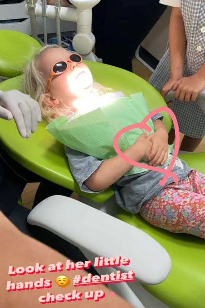 Carrie found her daughter Addie's pragmatic approach to the dentist just too cute and hilarious not to post, so she took to Instagram to share the adorable picture, which she captioned, "Look at her little hands #dentist check up.