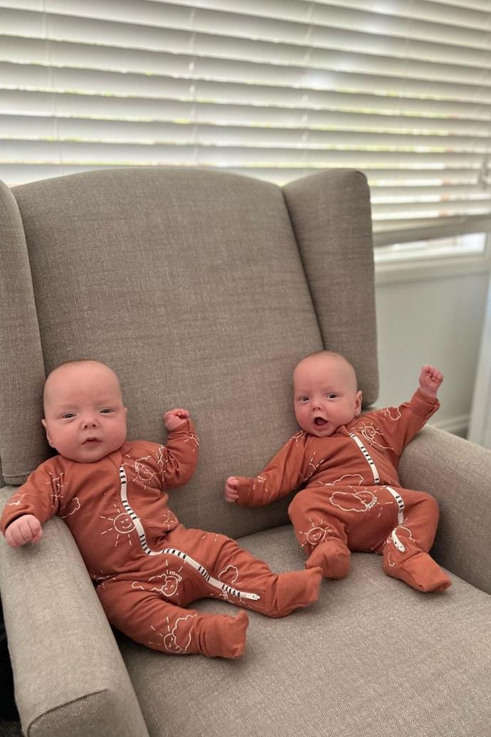 Levi and Tate, who were born 10 weeks early, are sitting up.