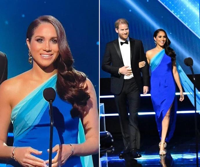 The Duchess of Sussex made a stunning appearance at the NAACP Image Awards in February 2022, donning this vibrant blue Christopher John Rogers gown at the awards that honours Black talent. She accessorised with Princess Diana's yellow gold omega chain cuff bracelet, a tribute to her late mother-in-law.