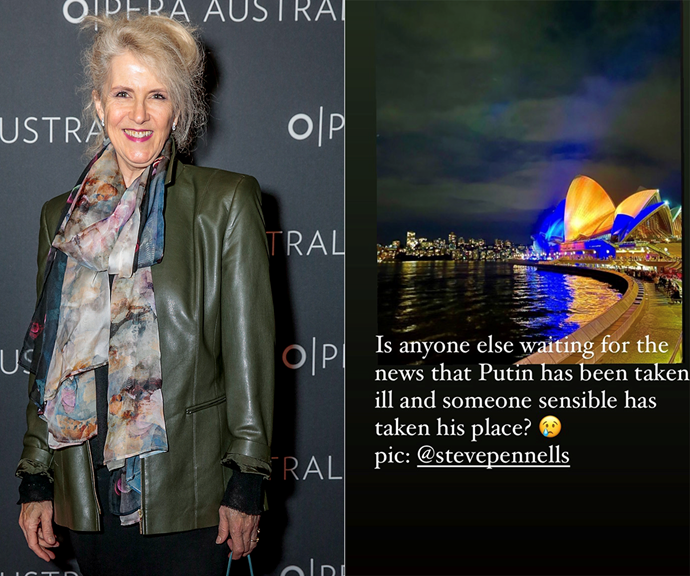 **Debra Lawrance**
<br><br>
The former *Home and Away* star shared a photo of the Sydney Opera House lit up in the Ukrainian flag's colours, writing: "Is anyone else waiting for the news that [Russian president Vladimir] Putin has been taken ill and someone sensible taken his place?"