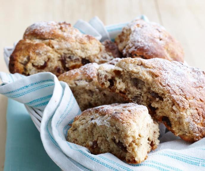 **Date, walnut and banana scones**
<br><br>
These beautiful scones are packed full of sweet dates, bananas and walnuts. They're perfect for the kids lunches, or served warm with with cream at any afternoon tea.
<br><br>
*[Find the full recipe here on The Australian Women's Weekly Food site.](https://www.womensweeklyfood.com.au/recipes/date-walnut-and-banana-scones-18544|target="_blank")*
