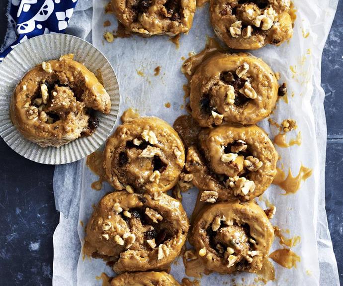 **Banana caramel scrolls**
<br><br>
Filled with coffee-soaked sultanas and chopped walnuts, these banana caramel scrolls are a decadent morning sweet treat.
<br><br>
*[Find the full recipe here on The Australian Women's Weekly Food site.](https://www.womensweeklyfood.com.au/recipes/banana-caramel-scrolls-11200|target="_blank")*
