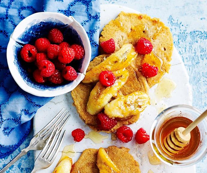 **Gluten-free pancakes with grilled honey bananas and raspberries**
<br><br>
Pancakes are one of the best parts of weekends, apart from sleep-ins, of course. But you don't need to miss out because you've cut out gluten from your diet. This recipe from The Australian Women's Weekly's 'Delicious Gluten-Free Food' cookbook is tummy-friendly.
<br><br>
*[Find the full recipe here.](https://www.womensweeklyfood.com.au/recipes/gluten-free-pancakes-with-grilled-honey-bananas-and-raspberries-1600|target="_blank")*