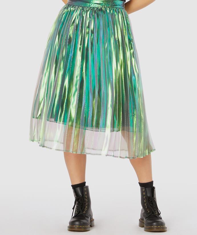 **After something that will make a statement?** Shop the Dangerfield Fairy Holographic Midi Skirt, $78, from [The Iconic.](https://www.theiconic.com.au/fairy-holographic-midi-skirt-1500876.html|target="_blank"|rel="nofollow")
