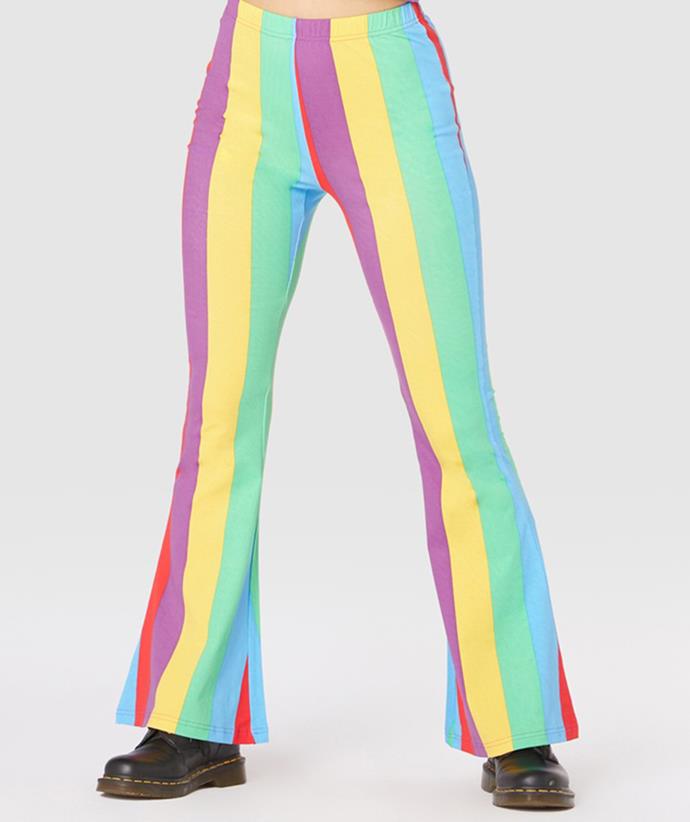 **After something that will make a statement?** Shop the Dangerfield Rainbow Stripes Flare Pants, on sale for $47.60, from [The Iconic.](https://www.theiconic.com.au/rainbow-stripes-flare-pants-1510843.html|target="_blank"|rel="nofollow")