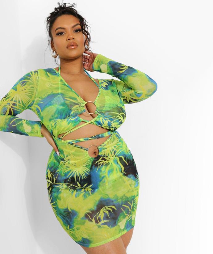 **After something that shows off your fine figure?** Shop the Plus Tropicana O-ring Mesh Beach Dress, on sale for $27.50, from [Boohoo.](https://au.boohoo.com/plus-tropicana-o-ring-mesh-beach-dress/PZZ03633.html?color=106|target="_blank"|rel="nofollow")