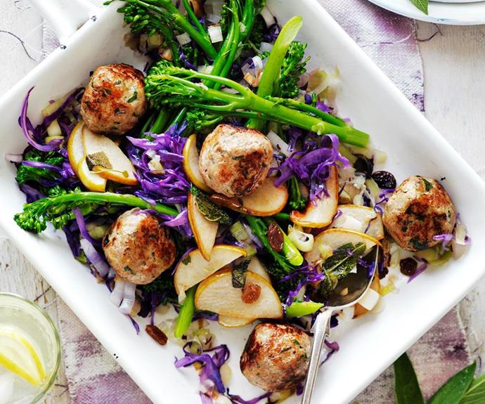 **Pork and sage meatballs with cabbage and pear**
<br>
Golden meatballs and colourful vegetables tossed with sweet fried pear slices - this dish makes a heavenly lunch or dinner.
<br><br>
*See the [full Australian Women's Weekly recipe here](https://www.womensweeklyfood.com.au/recipes/pork-and-sage-meatballs-with-cabbage-and-pear-29290|target="_blank").*