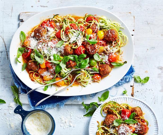 **Zuccetti and meatballs**
<br>
Give classic spaghetti and meatballs a low carb twist using zucchini noodles instead of pasta. Meatballs get an extra flavour boost and are super easy thanks to the use of sausage meat instead of mince.
<br><br>
*See the [full Australian Women's Weekly recipe here](https://www.womensweeklyfood.com.au/recipes/meatballs-with-zucchini-nooodles-32261|target="_blank").*