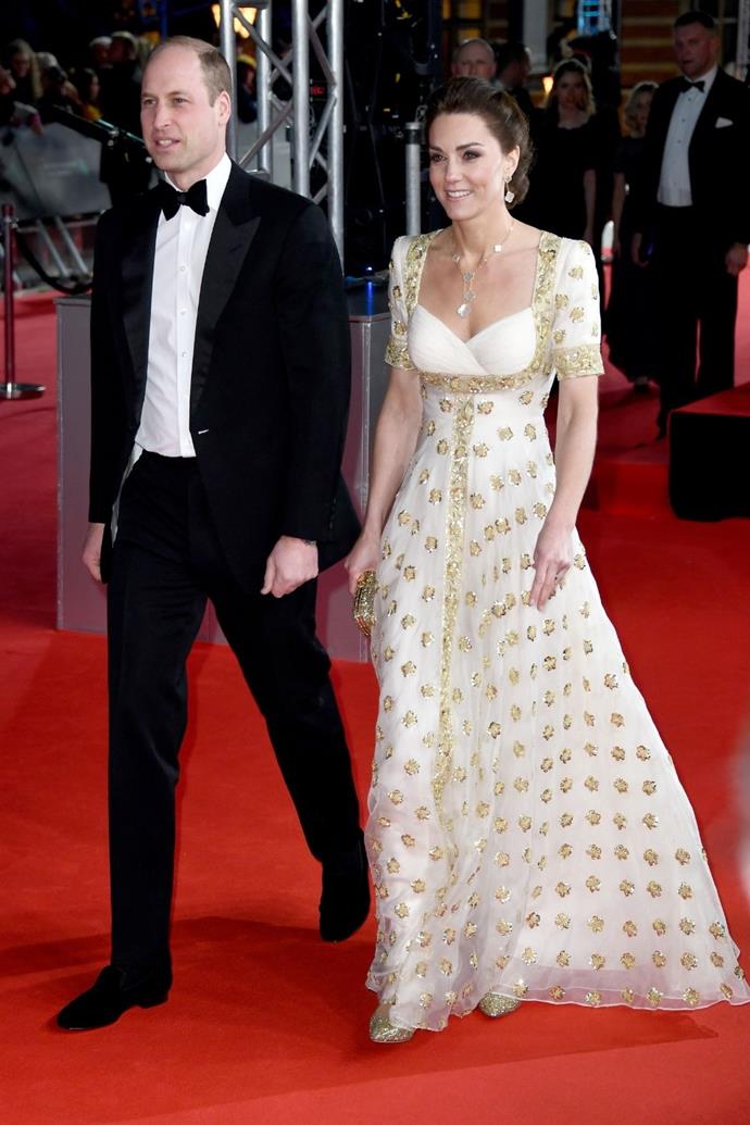 For the 2020 BAFTA awards, Kate championed sustainable fashion choices by rewearing this Alexander McQueen dress she debuted in 2012 during her royal tour of Singapore, Malaysia, and the Solomon Islands. She styled the white and gold dress with eye-catching pumps and Van Cleef and Arpels jewellery for the awards ceremony.