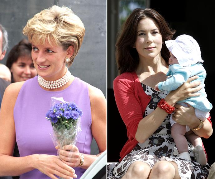 Princess Diana wearing her Cartier Tank Française watch in 2007, and Princess Mary wearing the same model in 2007 with her baby daughter Princess Isabella.