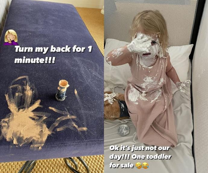 Jasmine had a bonding moment with her daughter after Harper found her way into her makeup bag, and as excepted, chaos ensued. 
<br><br>
The mother-of-one shared a picture of the concealer her toddler smeared on a seat, which she calmly captioned, "Turn my back for 1 minute!!!"
<br><br>
But Harper's dalliances didn't stop there. She encountered a pot of cream, and she smothered her face, hand, and clothes with the product. By the look on her face, Harper was a little overwhelmed. 
<br><br>
"Ok, it's just not our day!!! One toddler for sale," joked Jasmine.