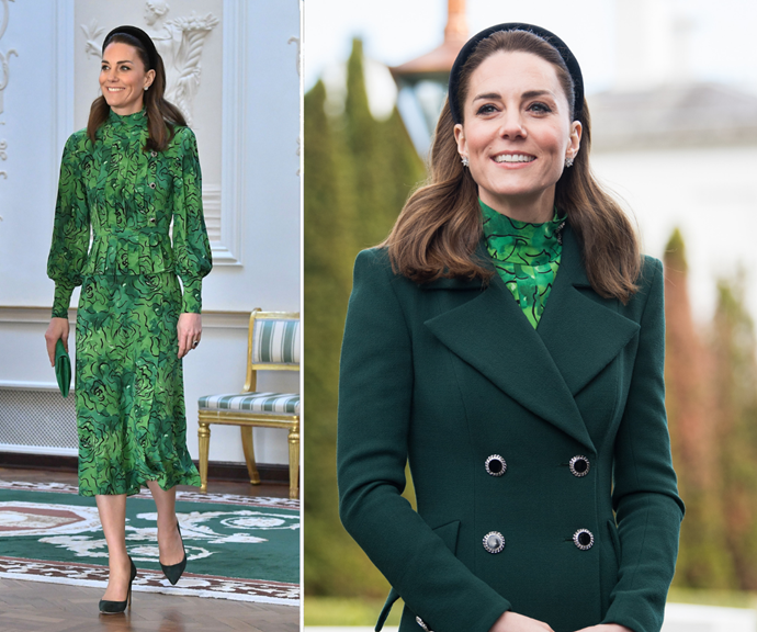 In fact, Catherine donned a number of stand-out green ensembles during her and Prince William's 2020 tour of Ireland, including this delightful printed frock she paired with a dark green headband and coat.