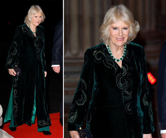 This deep green velvet number stole the show while Camilla attended a reception to celebrate the British Asian Trust in 2022.
