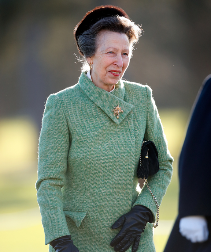 Princess Anne looked cosy in this pastel green pea coat for a 2021 outing in Camberley, England.