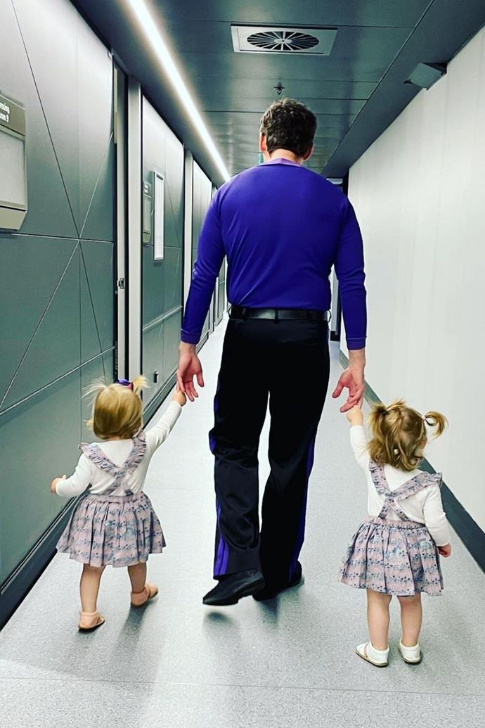 Lachy's twin girls followed their dad around all night.