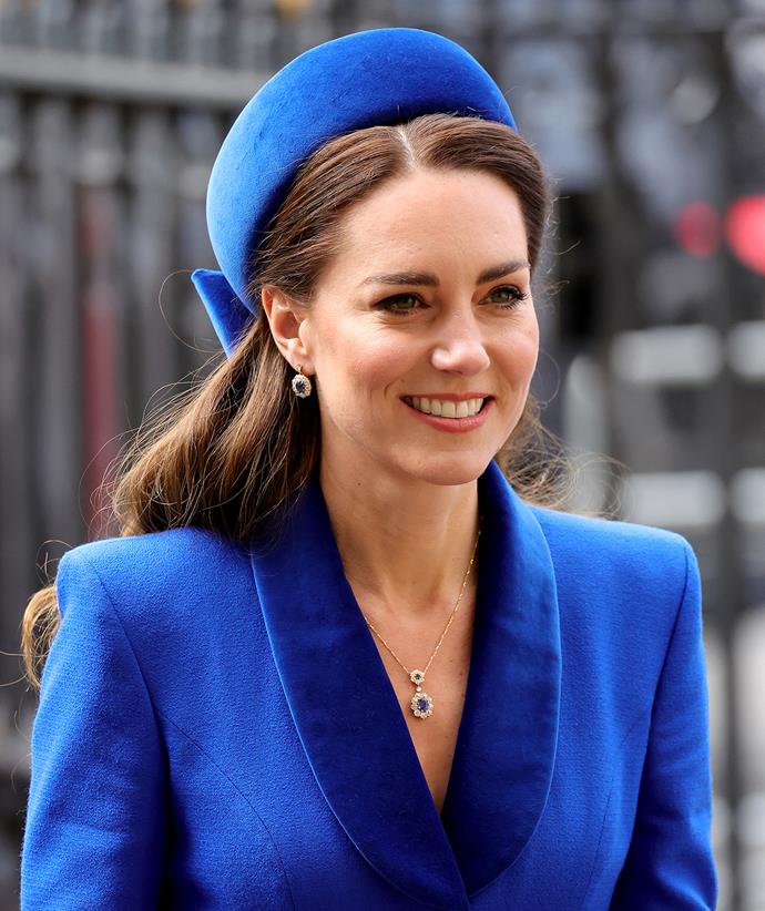 The Duches of Cambridge channelled her late mother-in-law at the [2022 Commonwealth Day Service](https://www.nowtolove.com.au/royals/british-royal-family/kate-middleton-prince-william-commonwealth-day-service-71410|target="_blank") by wearing the same set, which she appears to have had redesigned into a more simple drop style with a matching necklace.