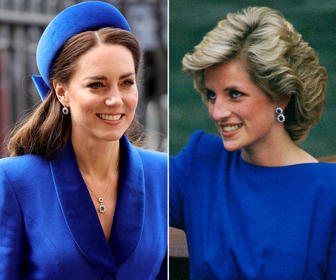 **Diana's sapphire earrings**
<br><br>
Catherine has been spotted wearing this earring set she inherited from Diana on several occasions throughout her time as a royal, from as early as 2012 to [as recently as 2022](https://www.nowtolove.com.au/royals/british-royal-family/kate-middleton-prince-william-commonwealth-day-service-71410|target="_blank"). They're understood to have been a wedding gift from Prince William and are extra special as they originally belonged to the Princess of Wales.