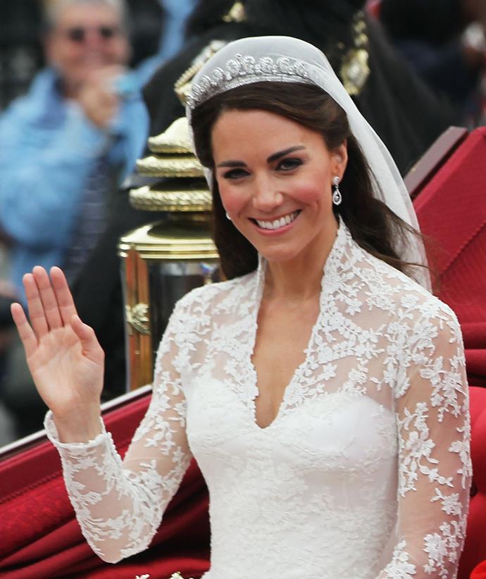 **Custom wedding earrings**
<br><br>
At first glance these earrings seem significant only because Catherine wore them on the day of her royal wedding, but the elegant drop style have a second hidden meaning. Presented to the duchess by her own parents as a wedding gift, the design features oak leaves and acorns, both of which appear on the Middleton family coat of arms.