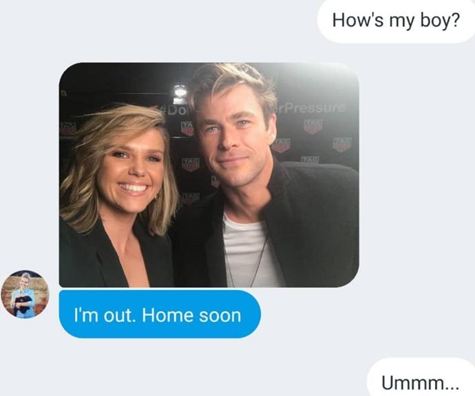 Edwina teased her new husband with this selfie of her with Chris Hemsworth in 2018, Neil sharing the exchange to Instagram with the caption: "Texted my wife for an update on our dog but she has plans."