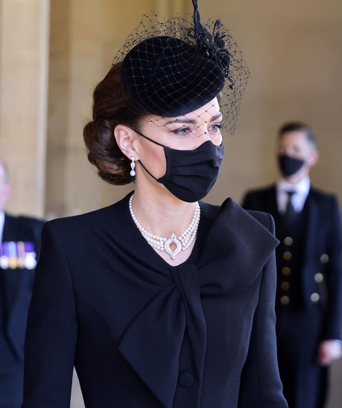 **The Queen's pearl necklace**
<br><br>
A decade later, Her Majesty loaned Catherine this stunning four-strand pearl choker to wear as the royal family attended Prince Philip's funeral in April, 2021. The Queen often wore the piece in the '80s and '90s, and it was also worn by Princess Diana in the Netherlands once, so it carries plenty of royal significance.