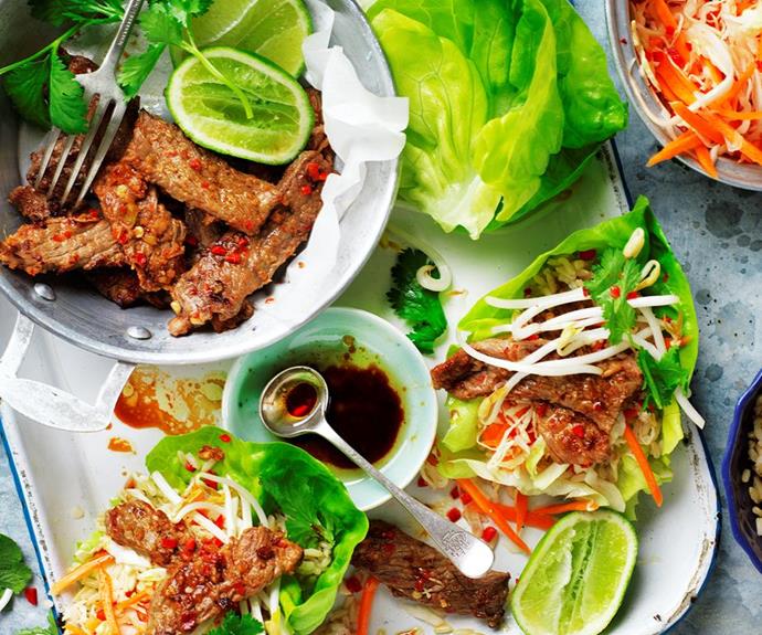 **Korean beef lettuce cups with pickled vegetables**
<br><br>
Spicy, fresh and delicious! These beef slices make a great low carb lunch or dinner. This recipe is suitable for diabetics.
<br><br>
*Read the full recipe [here](https://www.womensweeklyfood.com.au/recipes/korean-beef-lettuce-cups-with-pickled-vegetables-29284|target="_blank").*