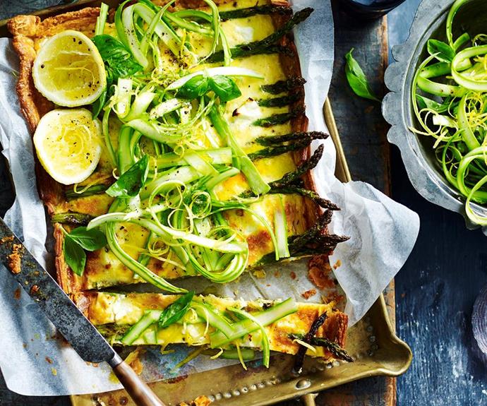 **Asparagus and goats' cheese tart**
<br><br>
Indulge in this deliciously crisp, cheesy and tender asparagus and goat's cheese tart.
<br><br>
*Read the full recipe [here](https://www.womensweeklyfood.com.au/recipes/asparagus-and-goats-cheese-tart-29561|target="_blank").*