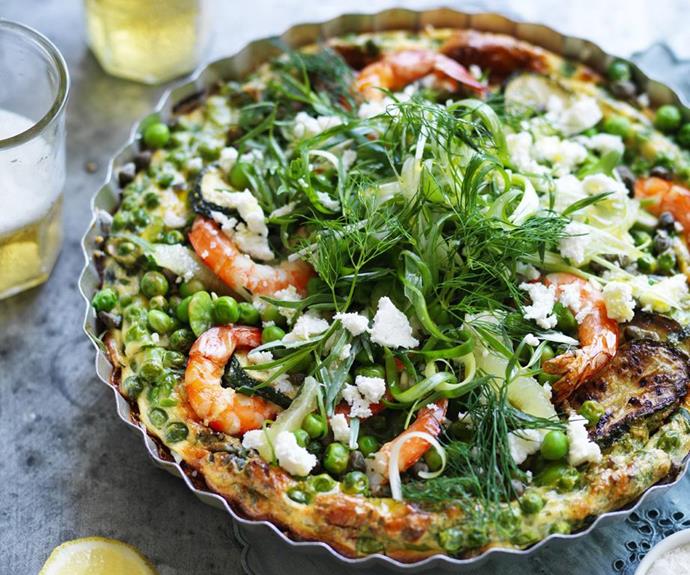 **Prawn, pea & broad bean frittata**
<br><br>
This veggie-packed fritatta is full of fresh spring flavours.
<br><br>
*Read the full recipe [here](https://www.womensweeklyfood.com.au/recipes/prawn-pea-and-broad-bean-frittata-3749|target="_blank").*