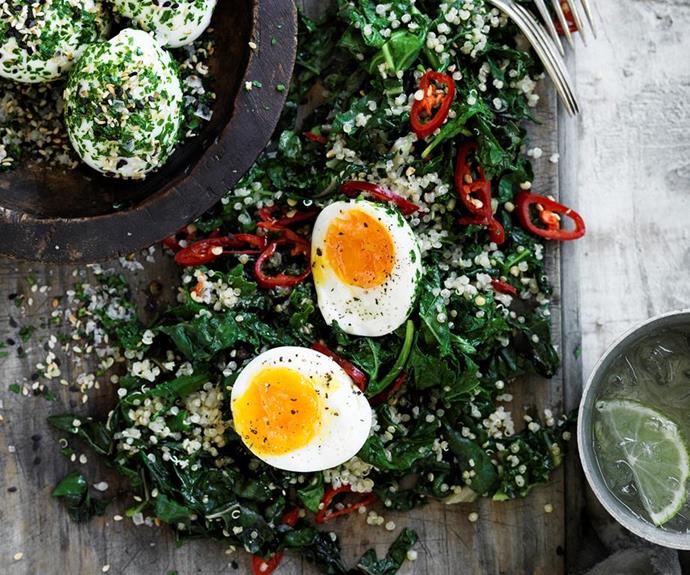 **Green quinoa with sesame eggs**
<br><br>
This delicious green quinoa with sesame eggs dish is perfect for breakfast, lunch or dinner. Full of health boosting superfoods, and fresh delicious flavours - you simply can't go wrong!
<br><br>
*Read the full recipe [here](https://www.womensweeklyfood.com.au/recipes/green-quinoa-with-sesame-eggs-29439|target="_blank").*