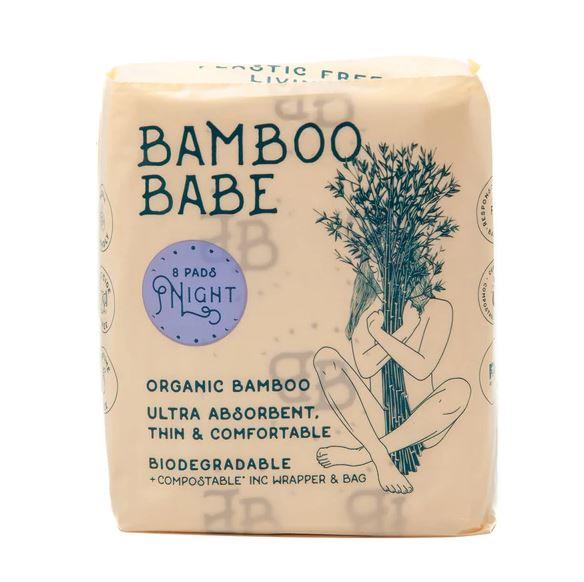 **Bamboo Babe**
<br><br>
Their plastic-free pads are vegan friendly, pesticide-free, perfume free, made with responsibly sourced bamboo, and certified compostable. 
<br><br>
It's fully owned and designed in Australia, naturally hypoallergenic, and its top sheet is corn-based, its core is bamboo, and it's completely compostable.
<br><br>
**Shop Bamboo Babe [here.](https://bamboobabe.com.au/collections/all/products/night-bamboo-babe-8-pieces|target="_blank")** 