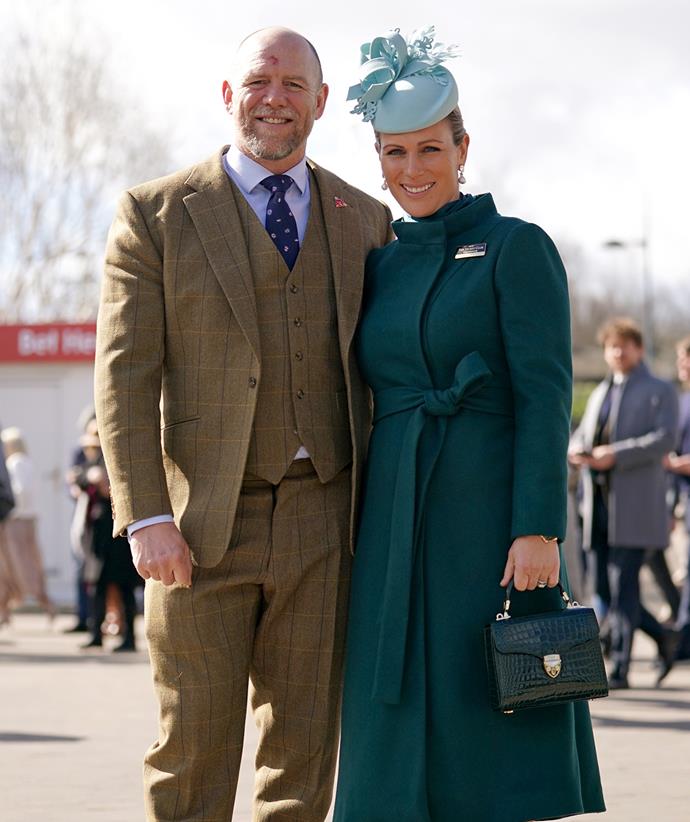 Zara Tindall opted for a blue-green coat and matching green handbag as she and husband Mike headed to Cheltenham racecourse the same day.
