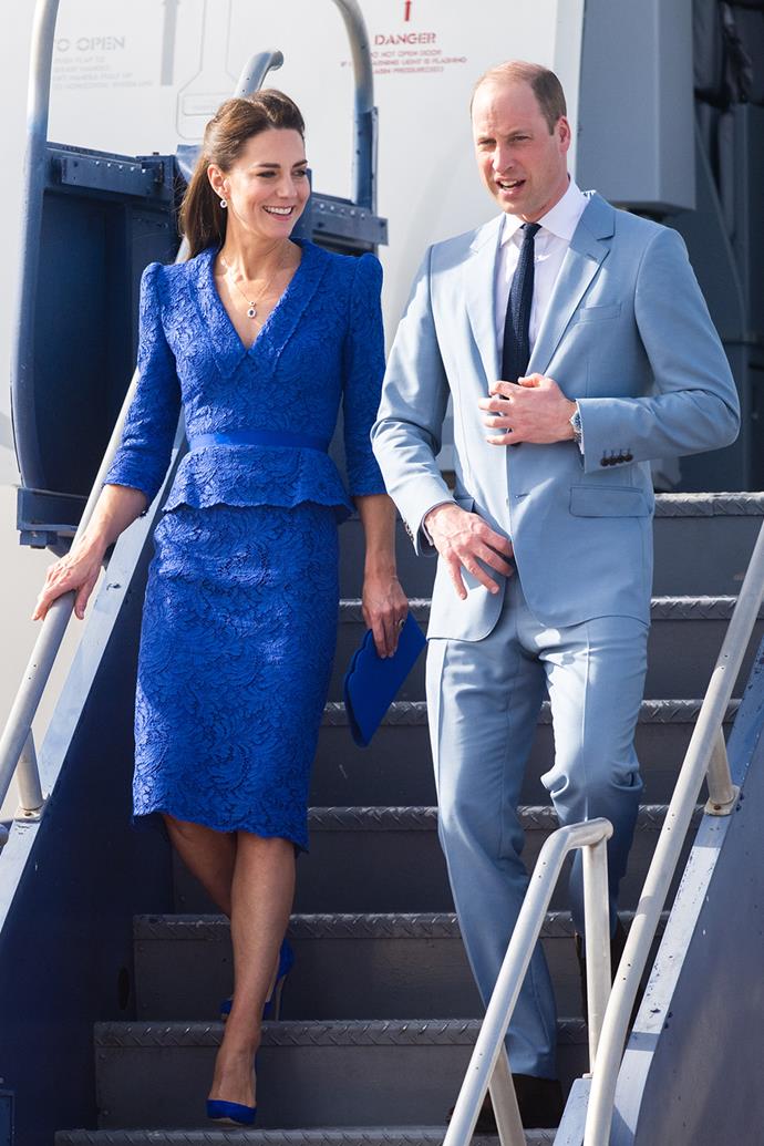 Catherine chose a royal blue ensemble as she touched down in Belize with William for the first day of their whirlwind royal tour, their first in two years.