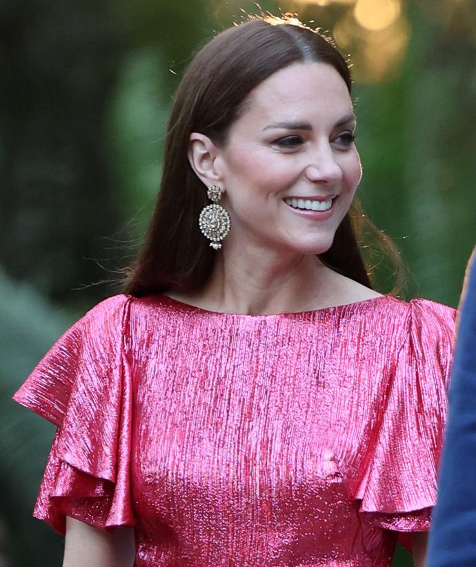 She paired the stunning gown with Jimmy Choo heels and these Onitaa London Crystal Drop Earrings, which she [wore to the premiere of the James Bond film *No Time To Die* in 2021.](https://www.nowtolove.com.au/royals/british-royal-family/kate-middleton-gold-dress-james-bond-premiere-69273|target="_blank")