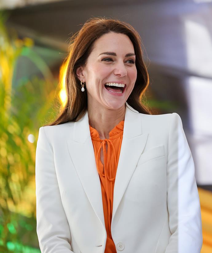 As always, the Duchess opted for understated makeup and accessories, including a pair of Maria Black earrings she previously wore for her [brief trip to Denmark in 2022](https://www.nowtolove.com.au/royals/international-royals/kate-middleton-princess-mary-reunite-71189|target="_blank").
<br><br>
***WATCH BELOW: See Catherine visit a maternity ward in Jamaica in this divine outfit. Story continues after video.***